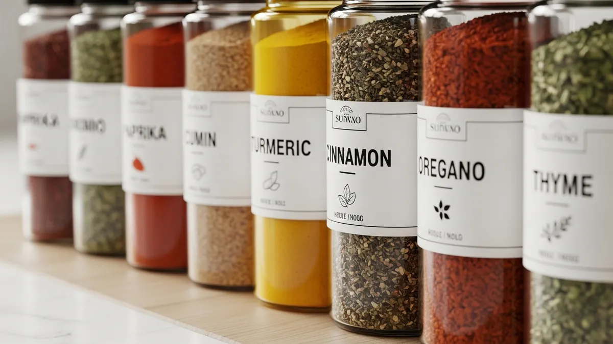 Aesthetic spice container labels with modern typography and clear glass jars