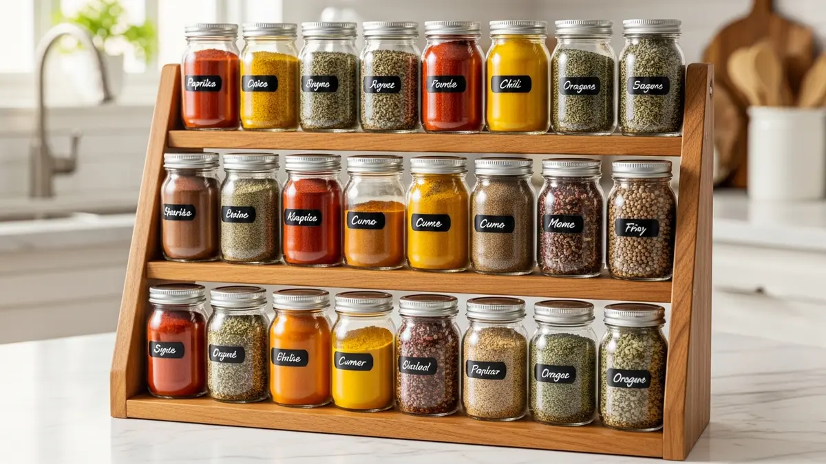 Wooden tiered spice display rack with colorful spices in matching containers