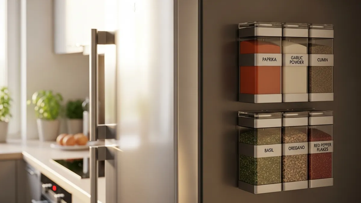 Magnetic spice containers organized on refrigerator side for space-saving storage
