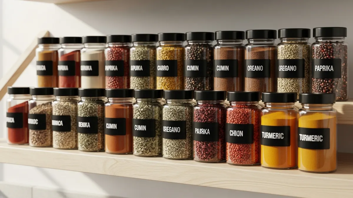 Uniform glass spice containers with matching black labels organized on wooden shelf