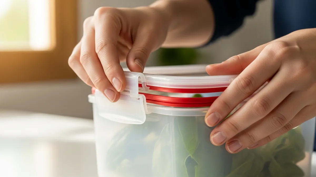 Airtight food storage container being opened showing rubber seal mechanism for maximum freshness preservation