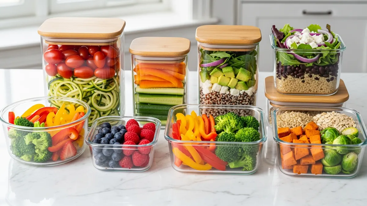 Glass food storage containers with transparent lids displaying fresh colorful ingredients for healthy meal prep