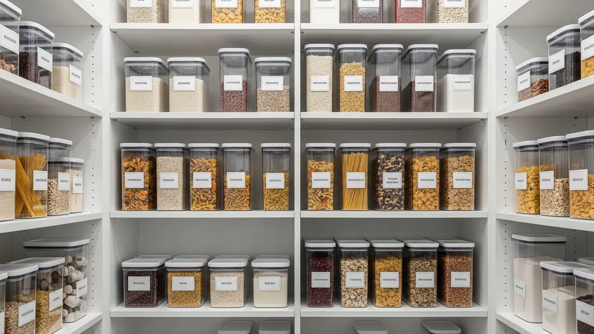 Organized pantry shelving system with labeled food storage containers for dry goods and kitchen essentials