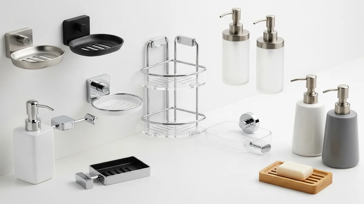 Various types of bathroom soap holders from hanging to corner styles