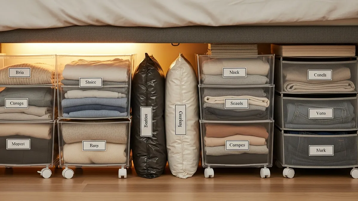 Under-bed storage solutions with rolling boxes and vacuum bags for tiny bedroom organization