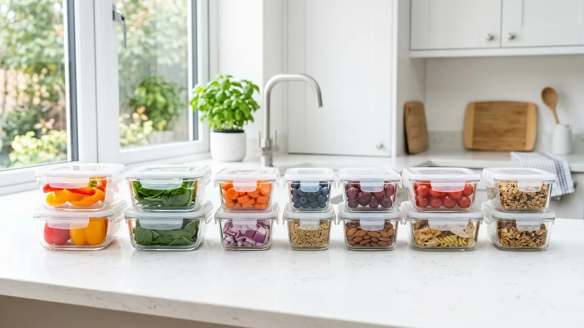 Top rated glass food storage containers with snap-lock lids arranged on a bright modern kitchen countertop