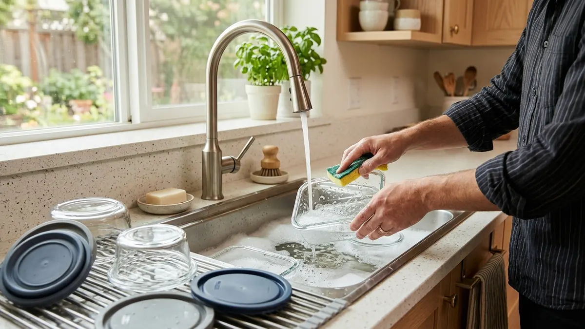 Glass food storage containers being hand-washed with dish soap and sponge in a home kitchen sink