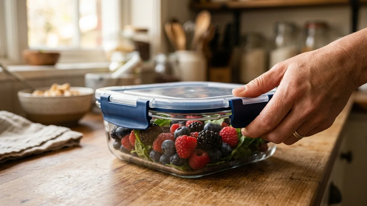 Clear glass food storage container with four-sided locking lid being sealed by hand in a home kitchen