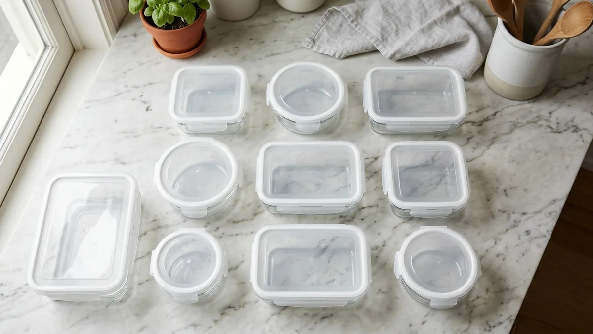 Assorted tempered glass food storage containers in round square and rectangular shapes with white airtight lids on marble surface