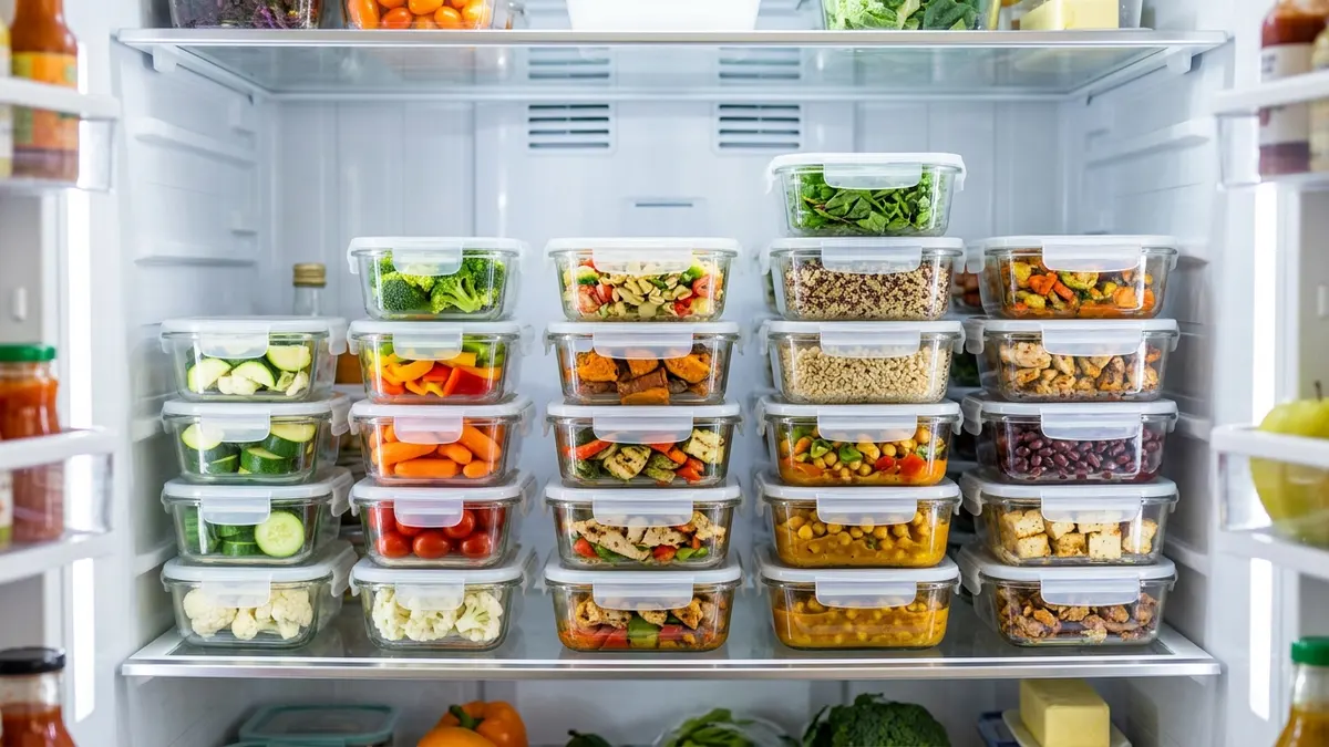 Refrigerator shelf neatly organized with stacked clear glass food storage containers filled with meal-prepped vegetables and grains