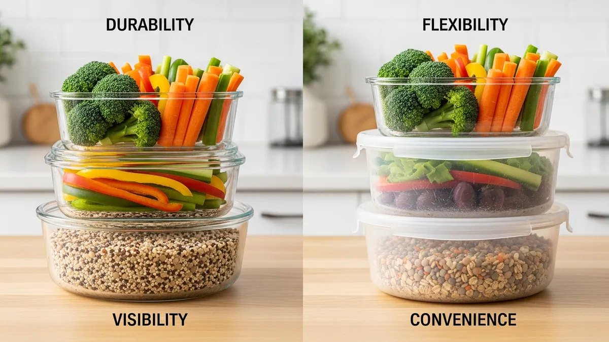 Glass food storage containers demonstrating superior clarity and food preservation compared to plastic alternatives