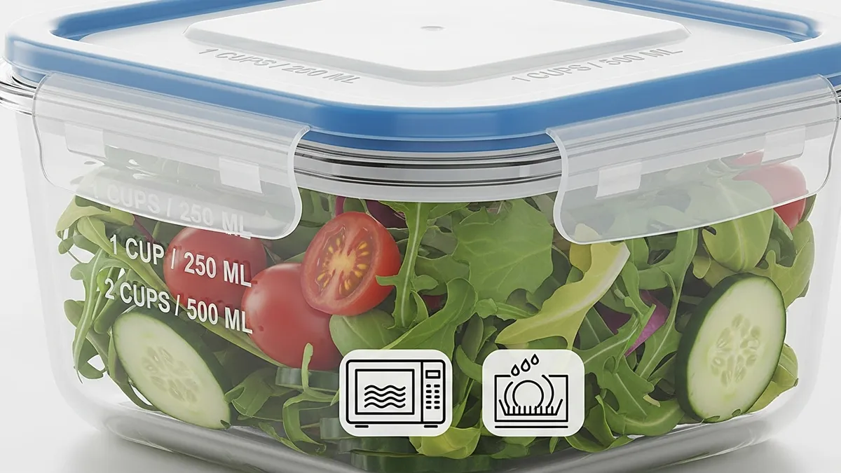 Detailed view of top rated glass food storage container features including airtight sealing and measurement indicators
