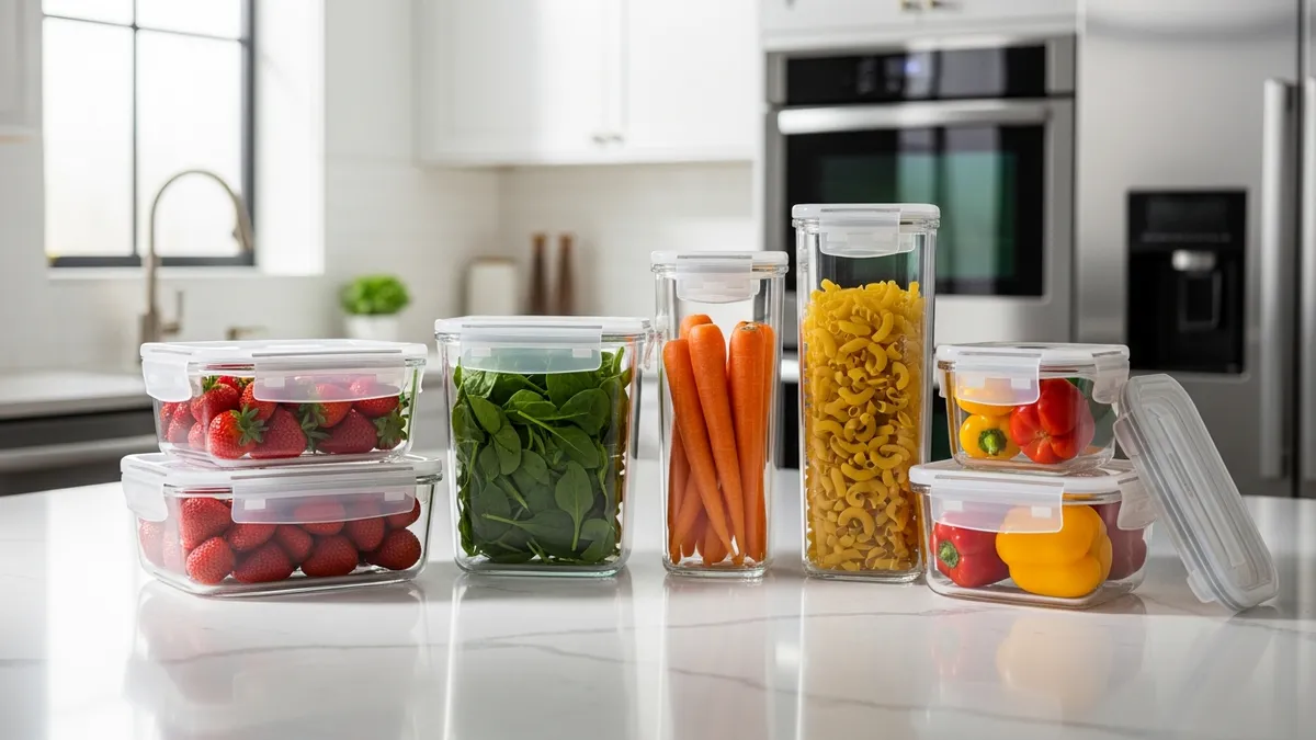 Top rated glass food storage containers with airtight lids arranged on kitchen counter showcasing fresh food organization