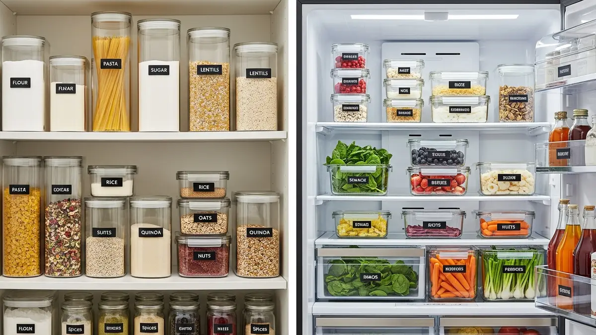 Organized kitchen storage showing glass food containers systematically arranged in refrigerator and pantry for optimal food organization
