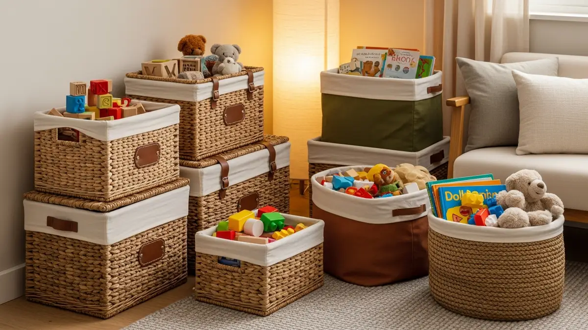 Stylish storage baskets and containers for toy organization in living room