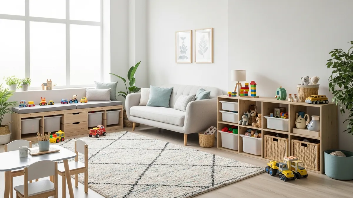 Modern living room with organized toy storage solutions and colorful storage bins