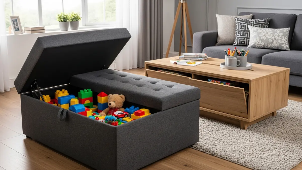 Hidden toy storage solutions in living room furniture including ottoman and coffee table