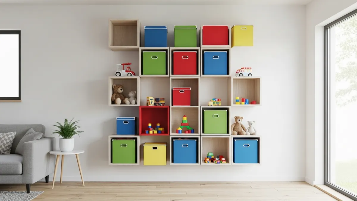 Wall-mounted toy storage shelves and vertical organization system in living room