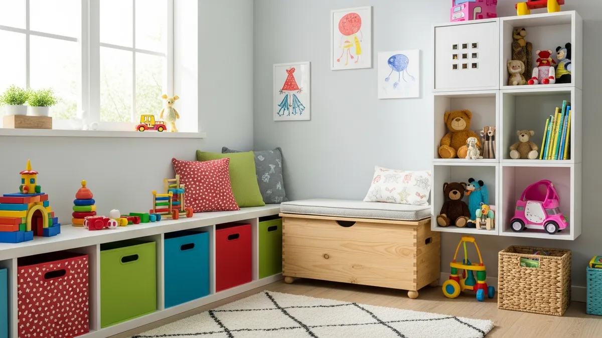 Creative toy storage ideas for small spaces with colorful bins and wall-mounted cubbies in a tidy kids corner