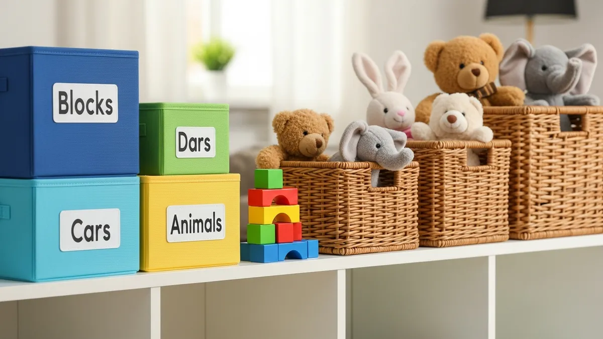 Labeled fabric bins and baskets for toy storage in a small space