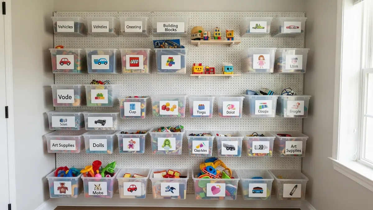Labeled clear bins on pegboard wall for organized toy storage in small spaces