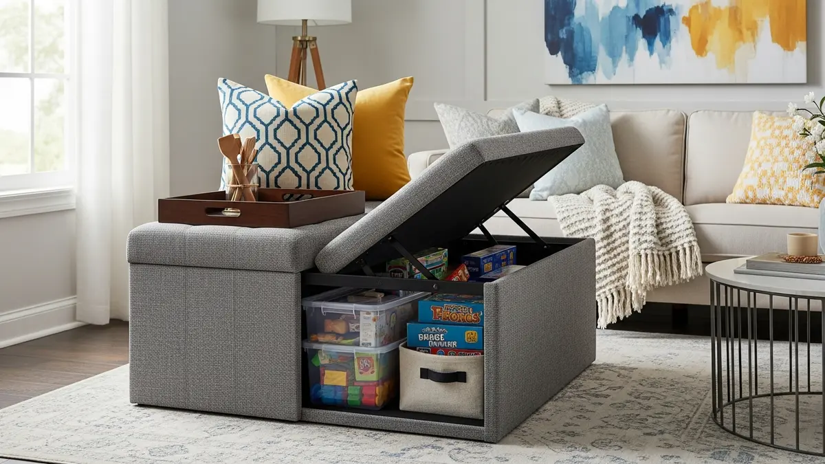 Multipurpose storage ottoman used as toy storage in a small living room