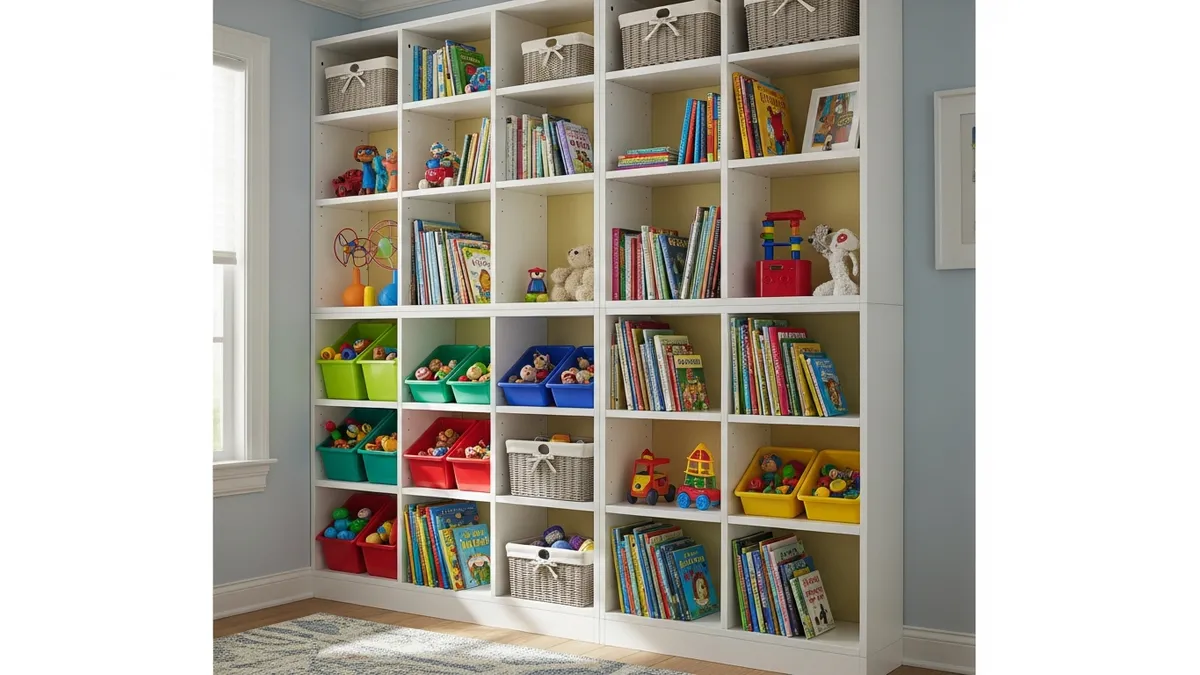 Vertical wall shelving unit with toy bins maximizing small space storage