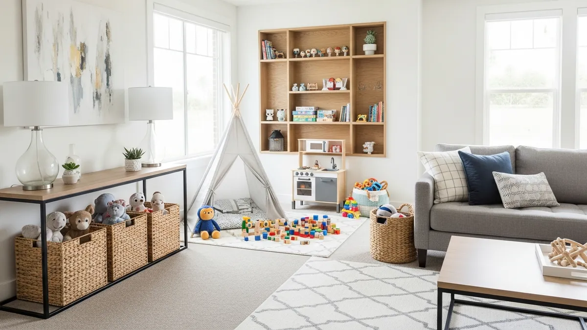 Modern living room with organized toy storage ideas featuring stylish baskets and built-in storage solutions