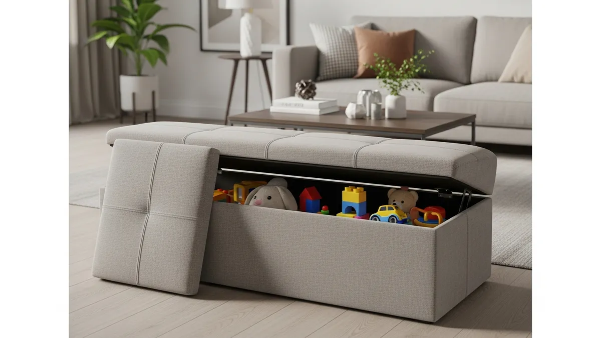 Multi-functional ottoman storage bench with hidden toy compartment in modern living room