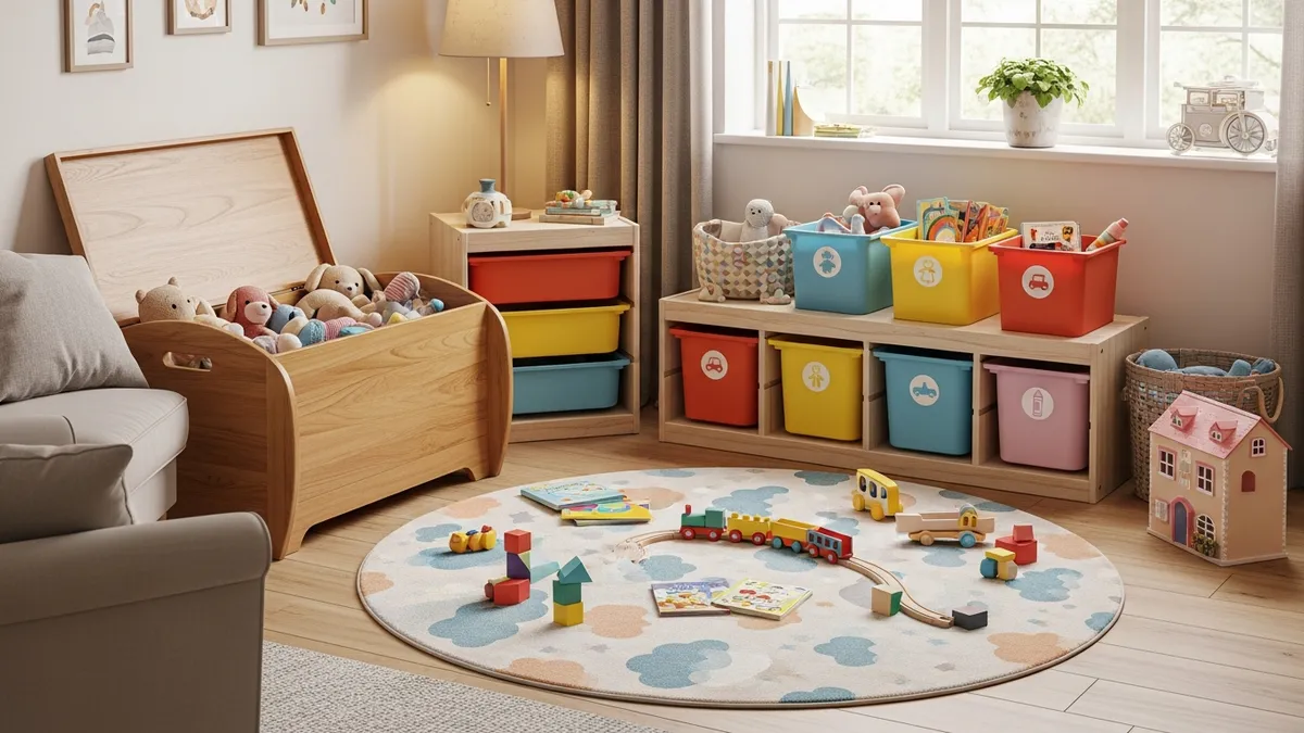 Organized play corner in living room with toy chest and colorful storage solutions