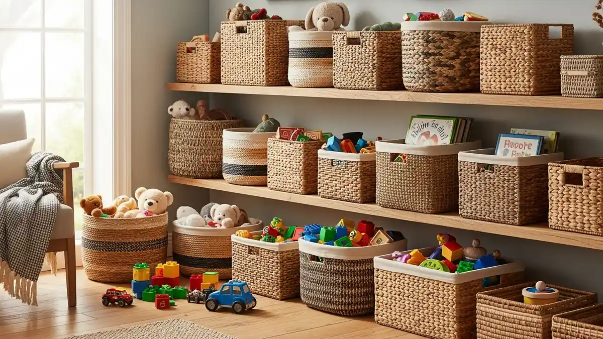 Stylish woven storage baskets containing toys arranged on living room shelves