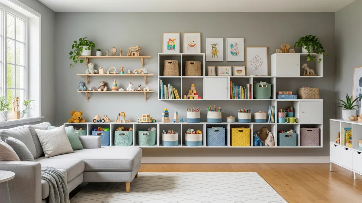 Wall-mounted toy storage solutions with floating shelves and cube organizers in living room