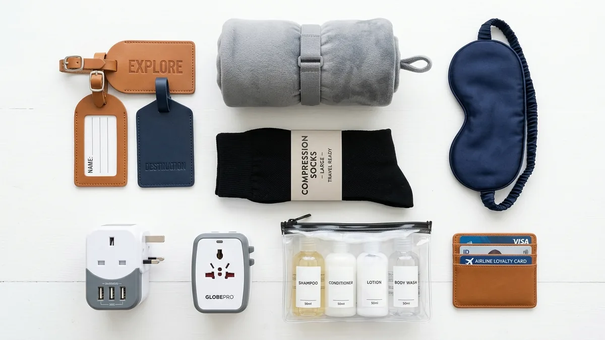 Travel accessories tech gear arranged neatly with category labels