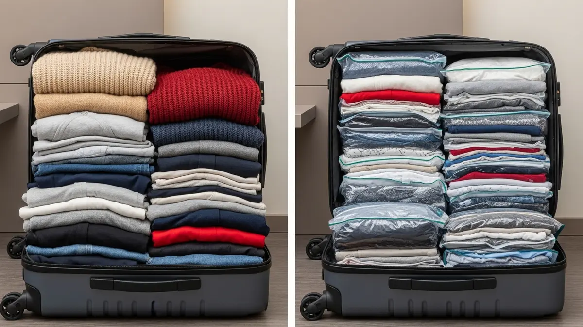 Compression travel bag organizer showing space-saving vacuum sealed clothing storage