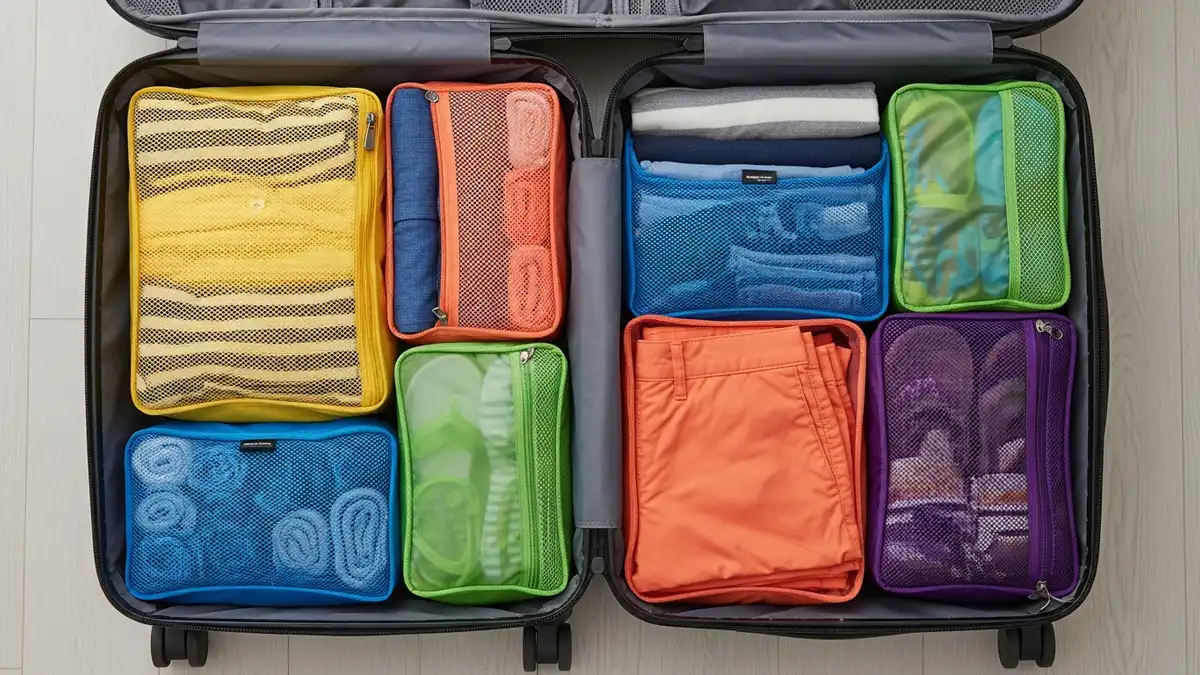 Packing cubes travel bag organizer system inside suitcase showing efficient space utilization