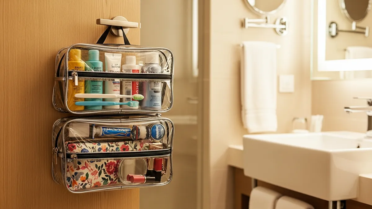 Hanging toiletry travel bag organizer with clear compartments for bathroom essentials