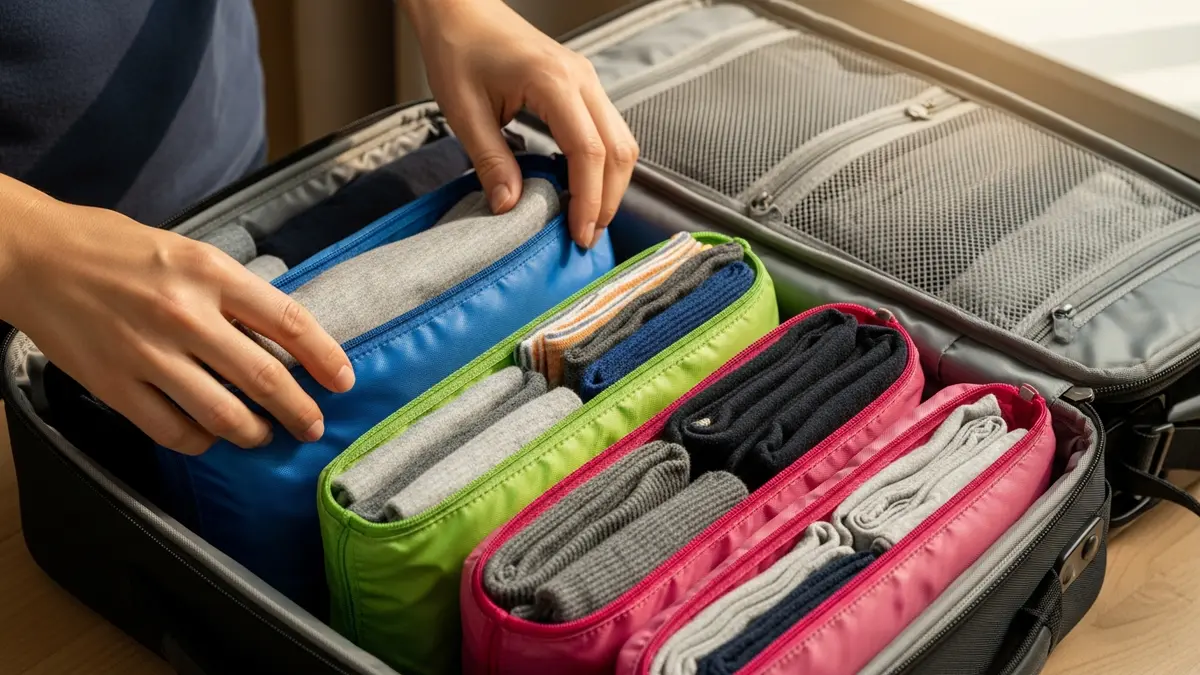 Hands organizing clothes into travel bag organizer compartments and packing cubes