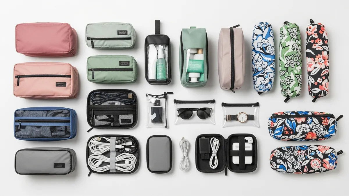 Different types of travel bag organizers including packing cubes and toiletry organizers
