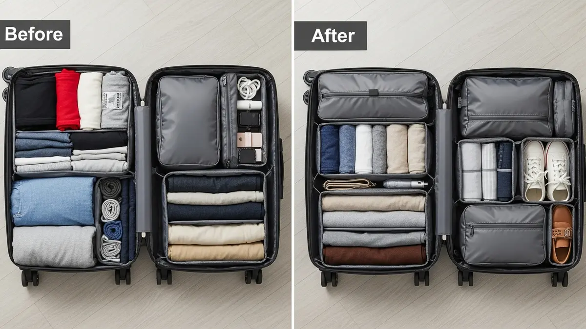 Before and after comparison showing travel bag organizer space-saving benefits
