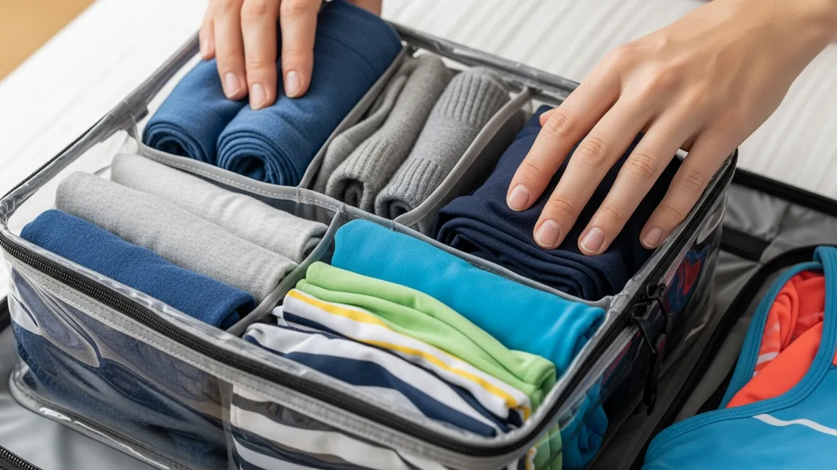 Person organizing clothes in multi-compartment travel organizer bag