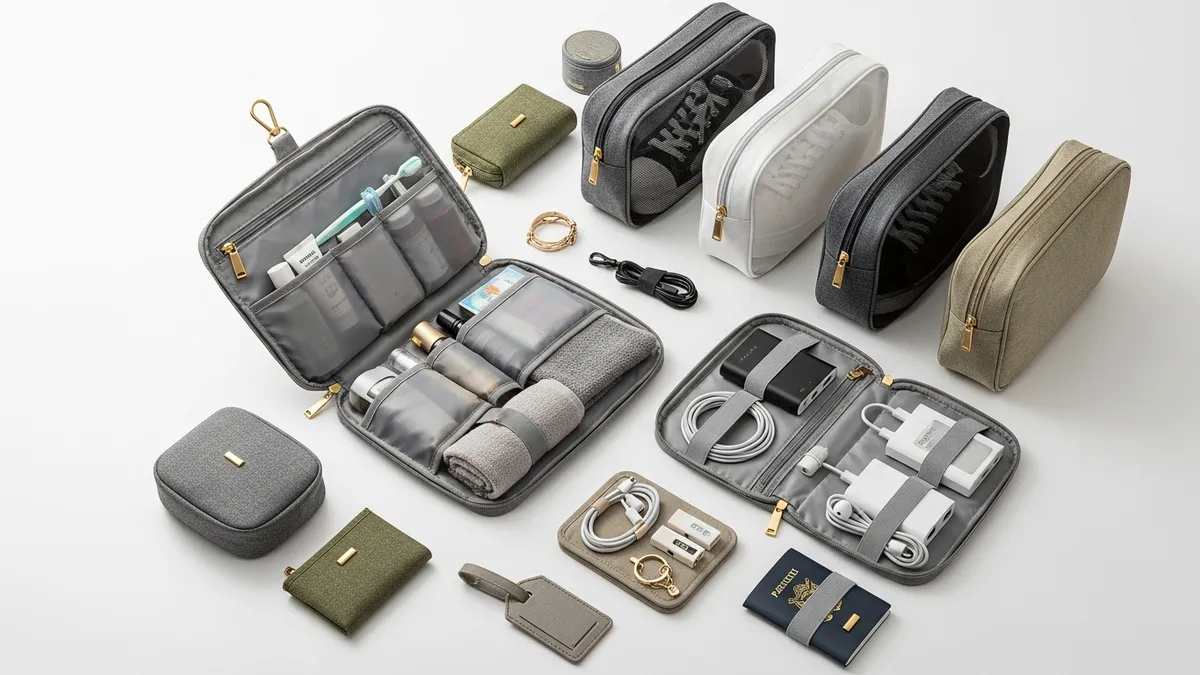 Various types of travel organizer bags for different packing needs