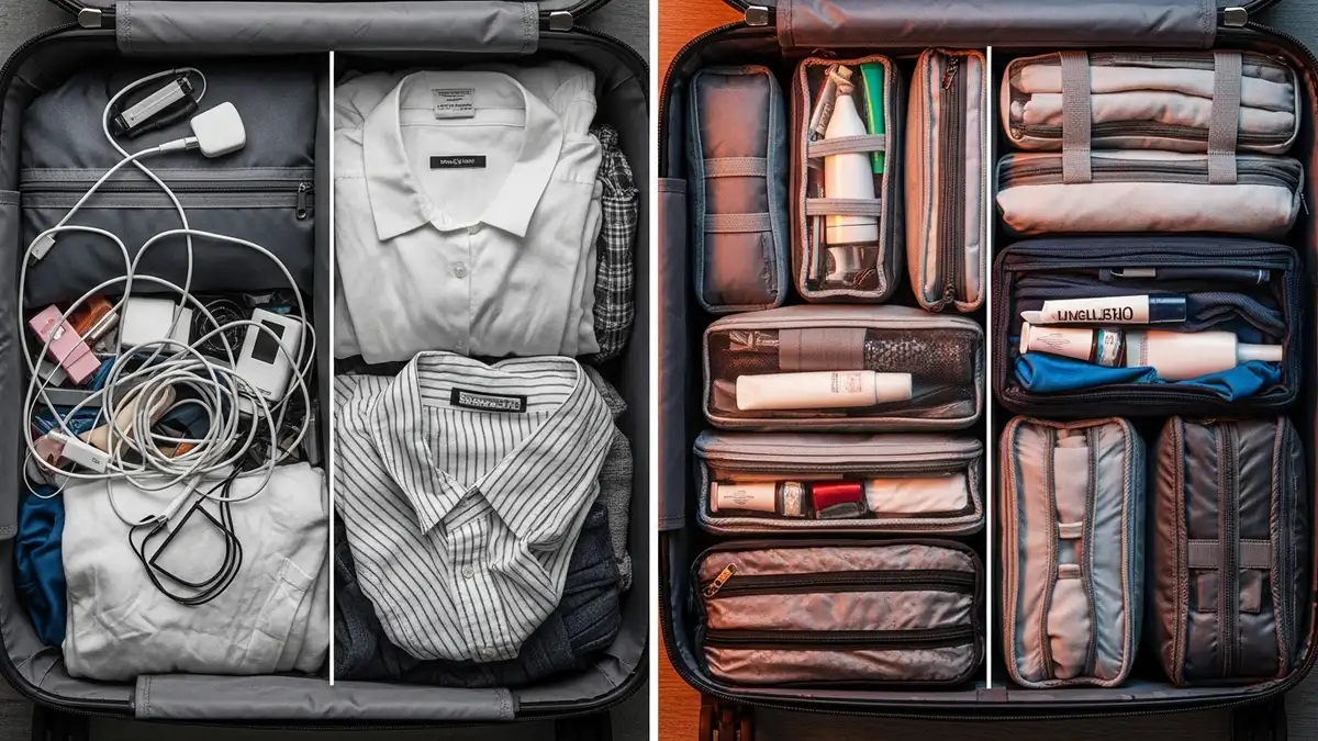 Before and after comparison showing benefits of travel organizer bags