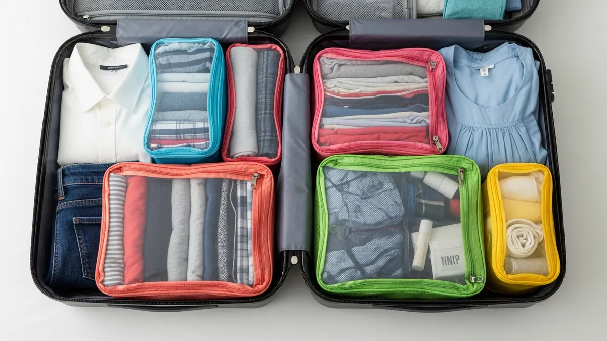 Packing cubes organized in suitcase for efficient travel storage