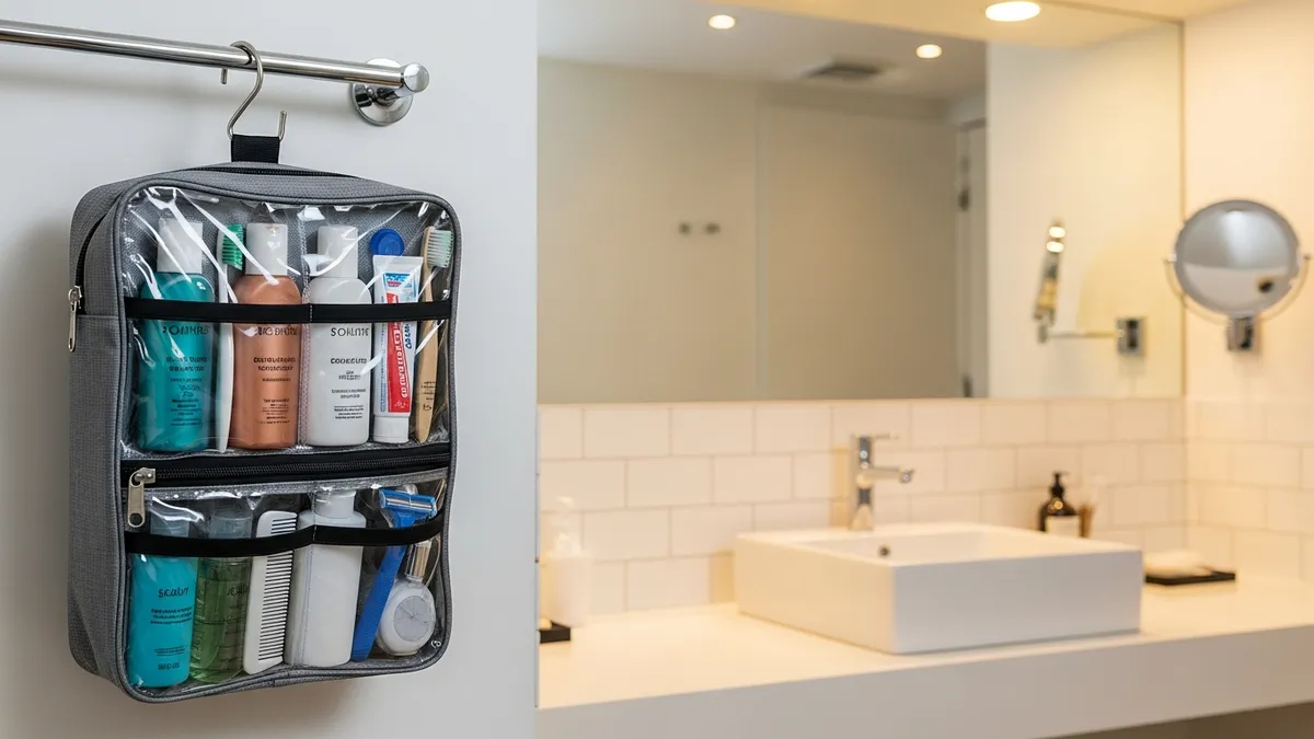 Hanging toiletry organizer bag with travel-sized bathroom products