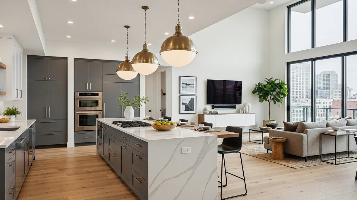Open concept modern kitchen design with integrated living space