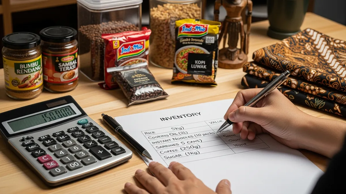 Example of a handwritten household inventory list with calculator and writing materials