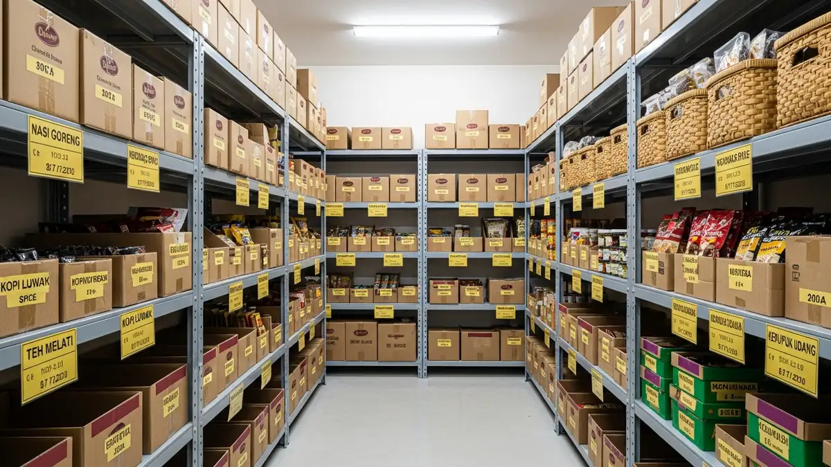 Organized household storage room with inventory labels