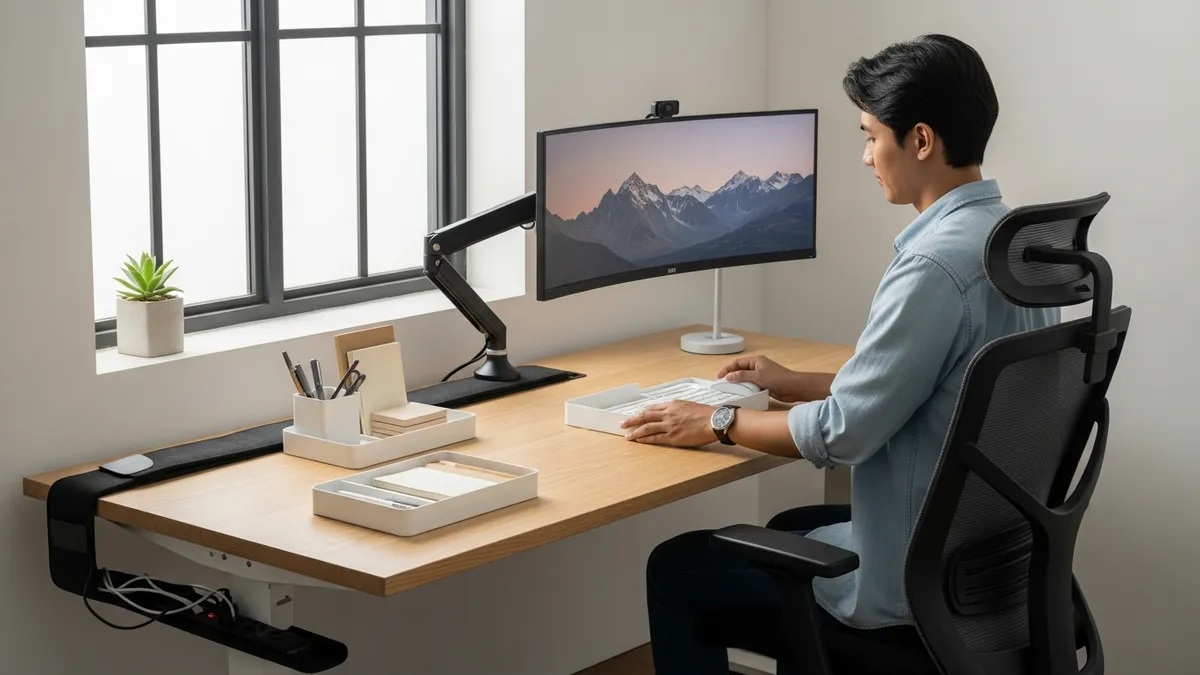 Steps to arrange an ergonomic work desk with organizers and cable management
