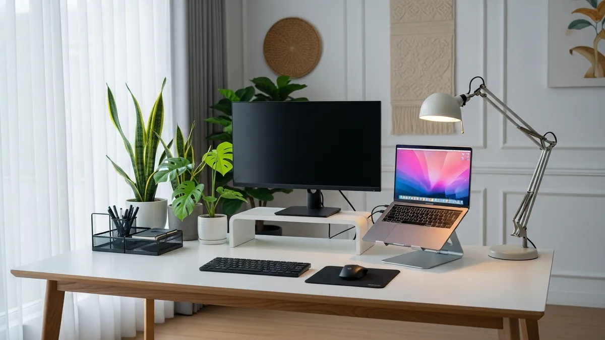 Tutorial for setting up an ergonomic home office in Indonesia with organized work desk and storage