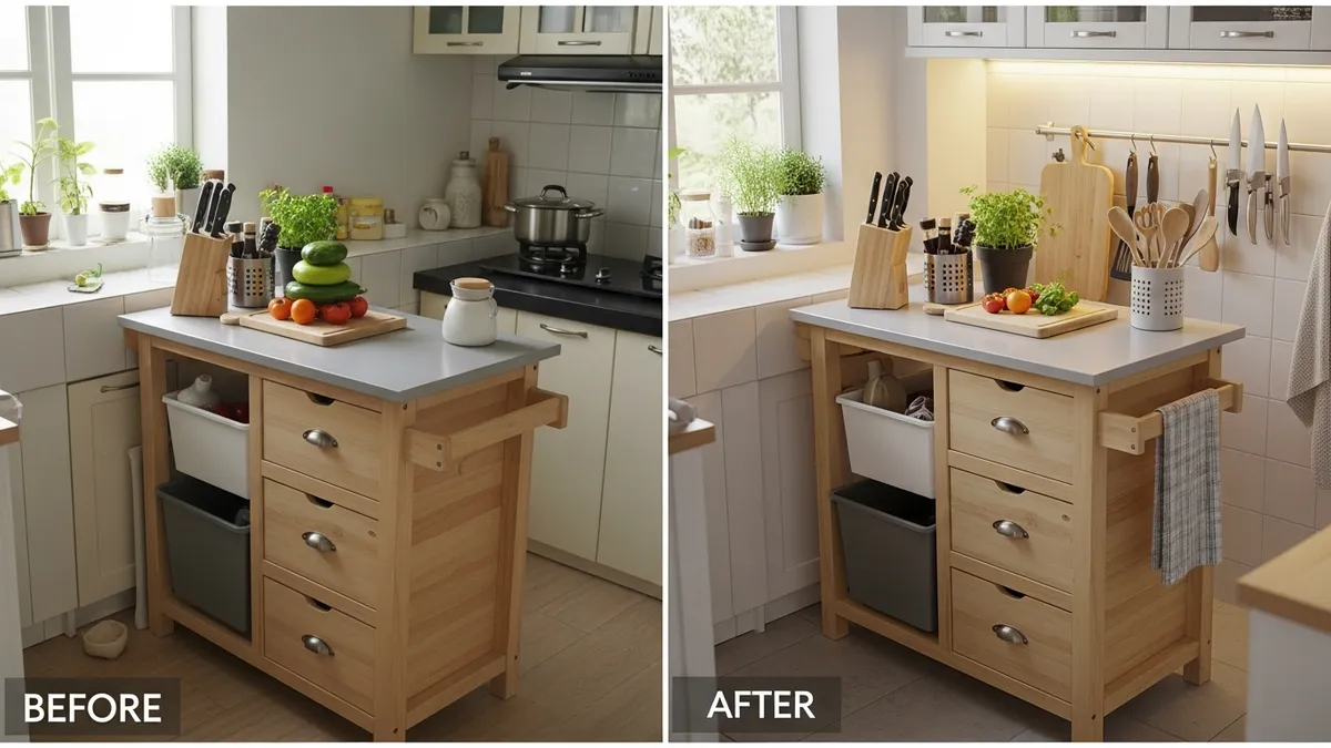 Finished mini kitchen island in a small Indonesian kitchen